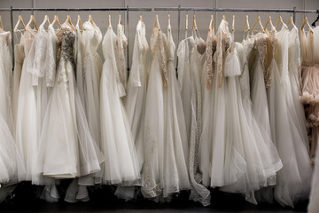 Shallow depth of field (selective focus) details with wedding dresses on display in a shop.