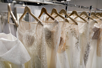Shallow depth of field (selective focus) details with wedding dresses on display in a shop.