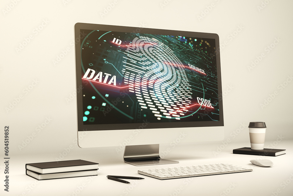 Poster Modern computer monitor with abstract creative fingerprint hologram, research and development concept. 3D Rendering
