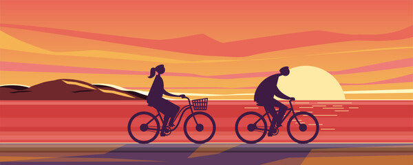 Fototapeta premium Two happy families riding on bicycles on the beach and and enjoy the sunset scenery