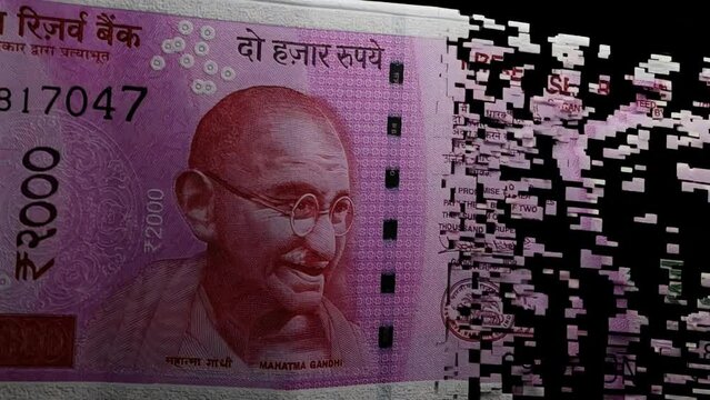 Disintegrating 2000 rupee note, a metaphor the withdrawal of Indian 2000 rupee, Recession inflation concept 3D render