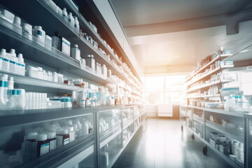 Fototapeta premium Pharmacy Drugstore blurred background, medical pills and bottles on the table, Health concept