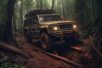 Obraz na płótnie Canvas powerful off-road car stuck in the woods, ai tools generated image