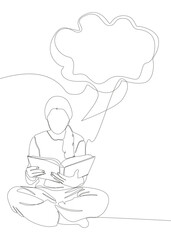 One continuous line of speech bubble with girl reading a book. Thin Line Illustration vector education concept. Contour Drawing Creative ideas.