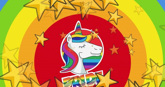 Animation of pride text over unicorn, stars and rainbow background