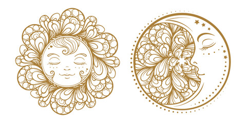 Ethnic sun and moon symbols. Temporary tattoo set.