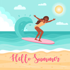 African american woman in swimsuit on the surfboard in the ocean. Summer seascape, active sport, surfing on ocean waves, vacation concept. Hello summer text. Flat cartoon vector illustration.