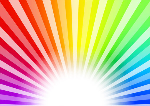 虹色の集中線とフラッシュが光る背景イメージ素材。Background image material with rainbow-colored concentration lines and flash.