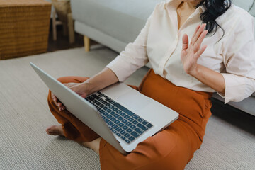 VDO Call Conference Work from home remote work talk chat online on video call on laptop webcam...
