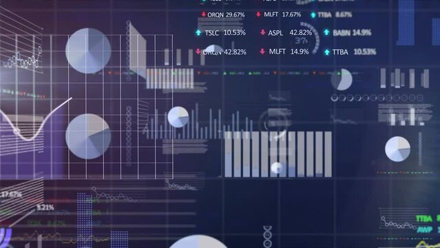 Animation of statistical and stock market data processing over grid network against blue background