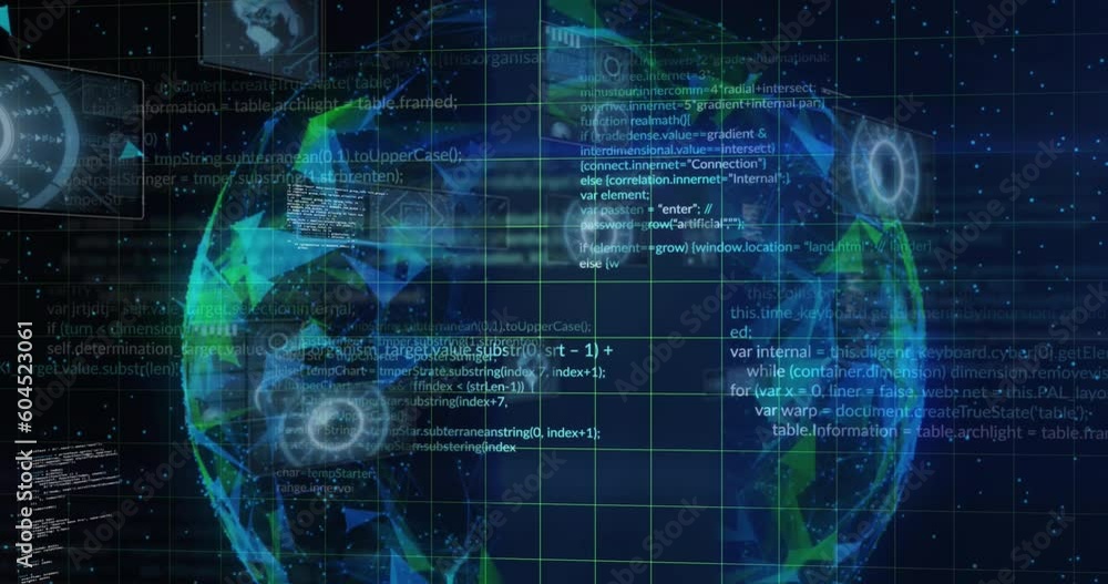Poster animation of round scanners and data processing over globe of plexus networks on black background