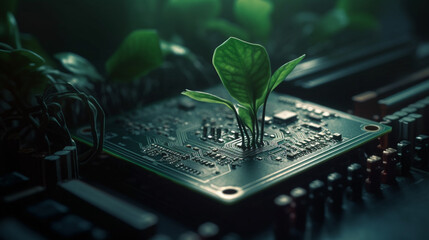 Green plant growing out of a motherboard. Generative Ai