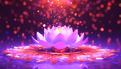 Light glowing lotus flower with pink illumination spiritual awakening enlightment meditation, wedding invitations, package. Futuristic and motion, Generative AI illustration