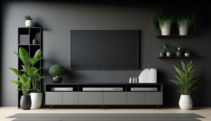 Modern living room or home tv place with minimalist decor. Design concept , a black TV unit, and a grey wall for house advertising and background Generative AI
