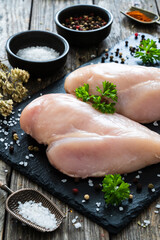 Fresh raw chicken breasts on cutting board with spices on wooden background

