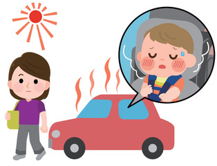 車内置き去りをする女性　熱中症の症状がある赤ちゃん