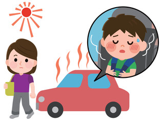 車内置き去りをする女性　熱中症の症状がある男の子　イラスト
