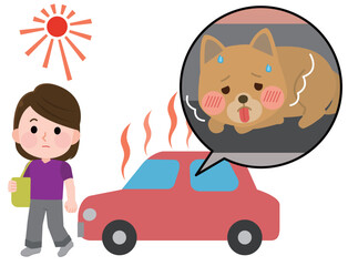 車内置き去りをする女性　熱中症の症状があるペットの犬　イラスト