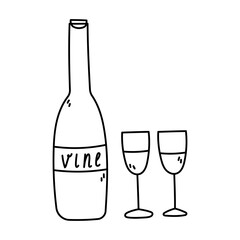 Doodle Wine with Glasses illustration. Summer vector illustration in Hand Draw style.