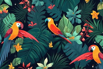Tropical wallpaper background with plants and birds
