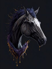 Fototapeta na wymiar Illustration of a black horse with colorful paint splatters on its face standing in a field created with Generative AI technology