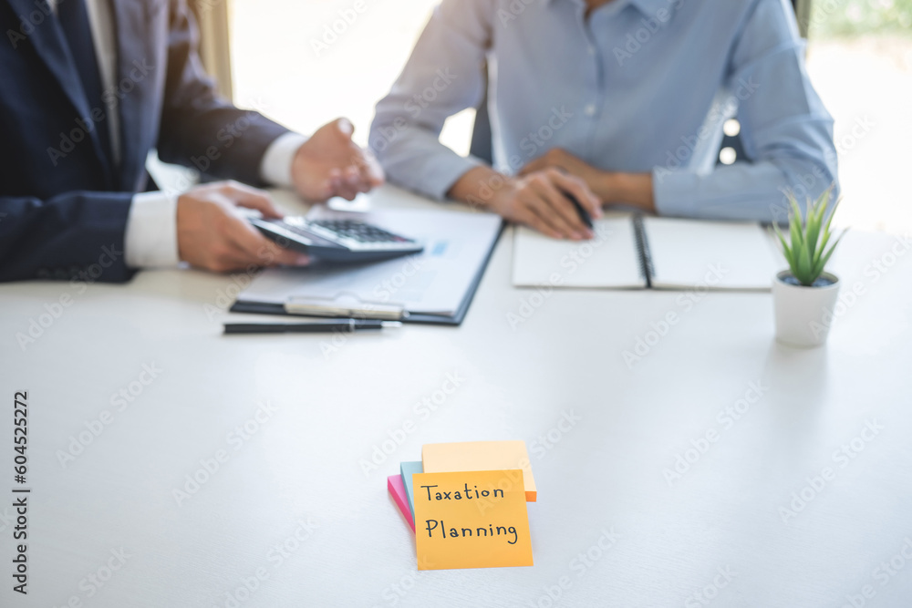 Poster wealth management and financial concept, team of business accounting analyzing and calculation on va