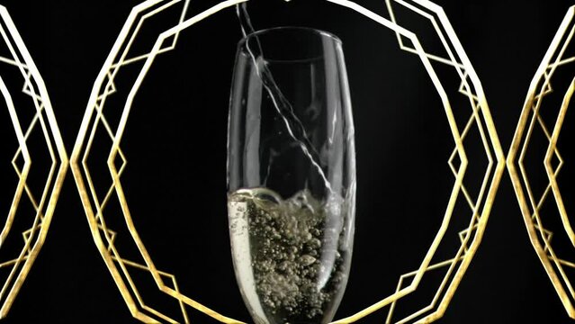 Animation of champagne getting poured in flute glass over abstract patterns against black background