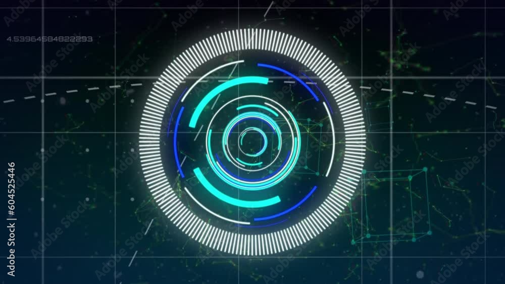 Poster animation of neon round scanner, data processing and geometric cubes against blue background