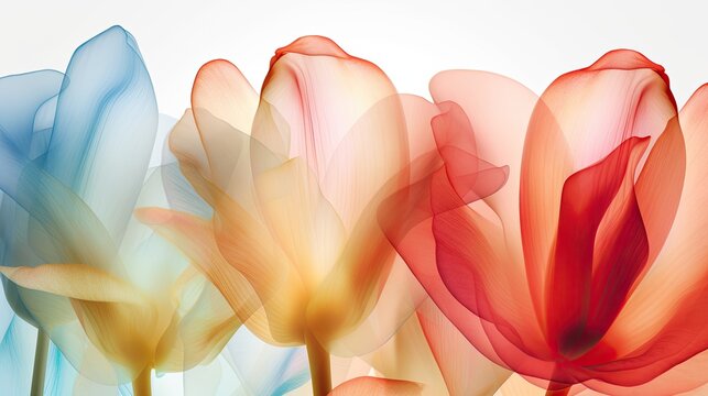 Exquisite tulip petals in a variety of colors from bold brush strokes. Originally abstract background. Stunning wallpaper. Banner, web, backgrounds design graphics. Generative AI. 