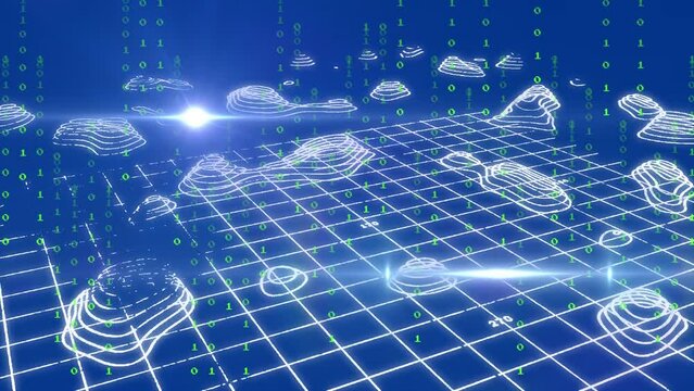 Animation of binary codes and lens flares over abstract patterns on grid pattern