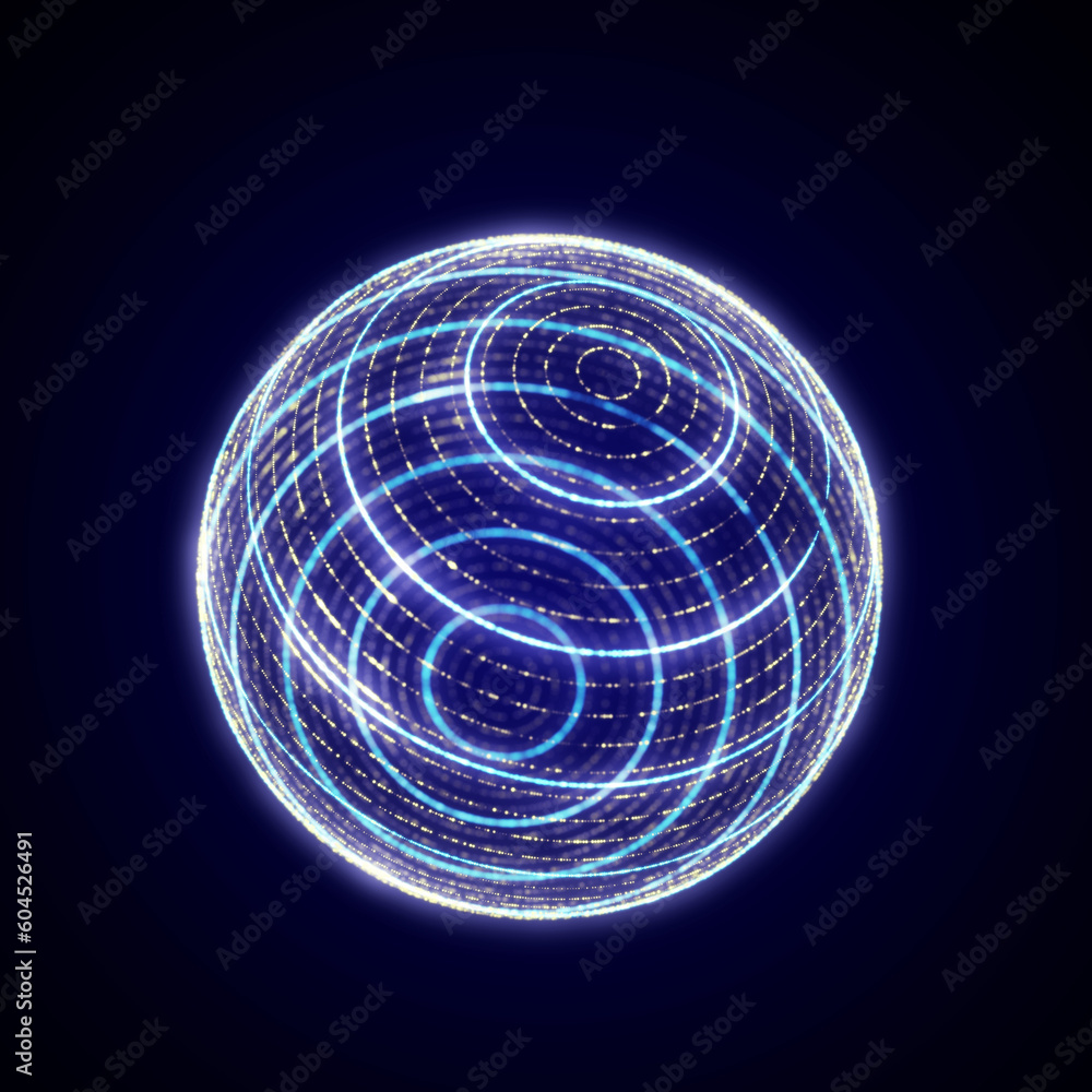Poster sphere of blue particles in cyberspace. impulse dynamic flow of global energy energy. futuristic tec