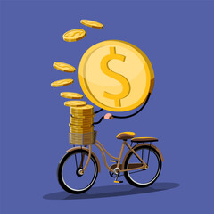 Business growth riding to success concept. Coin riding a bicycle and carry small coins in basket.