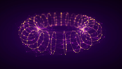Futuristic dynamic yellow wireframe torus on a purple background. The flow of scientific data. Futuristic digital technology. 3D rendering.