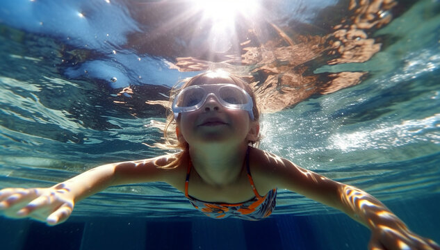 Happy kid have fun in swimming pool. swimming under water, Funny child swim, dive in pool jump deep down underwater from poolside. Healthy lifestyle, people water sport activity, swimming 