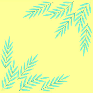 Summer background with green, mint-colored bamboo branches, with long leaves, on a yellow background. For the design of postcards, congratulations, banners, social media posts, websites. Vector. © Елена Белунова