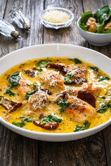 Creamy Tuscan chicken with parmesan, spinach and sun dried tomatoes.