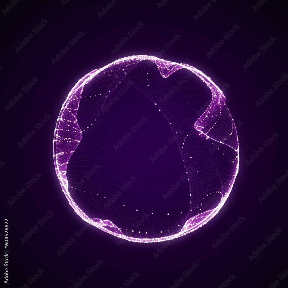 Poster spherical equalizer for music. round sound wave of particles. musical abstract purple background. 3d