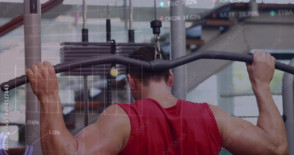 Poster animation of data processing over fit caucasian man exercising