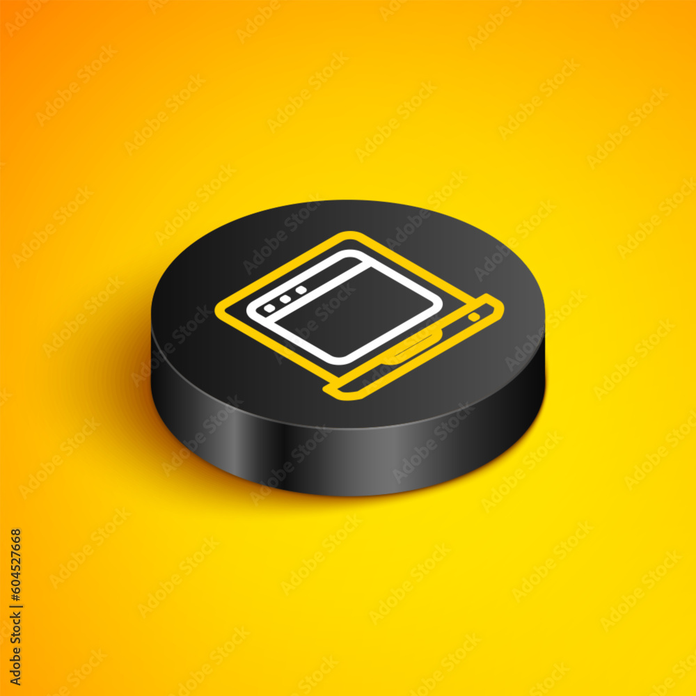 Poster isometric line laptop with browser window icon isolated on yellow background. computer notebook with