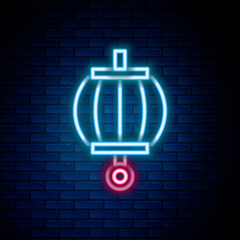 Glowing neon line Korean paper lantern icon isolated on brick wall background. Colorful outline concept. Vector