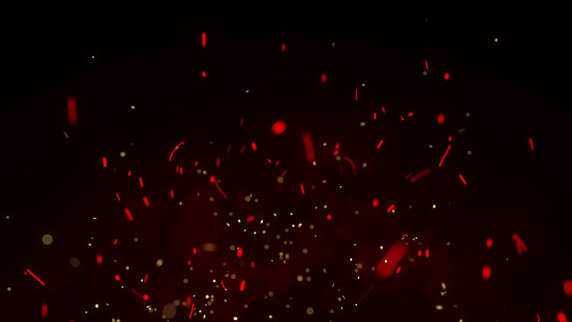 Dynamic fiery flying sparks on dark background. Flow of burning red particle. 3D rendering.