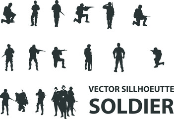 vector silhouette collection, simple designed military man in black and white, soldier in war.