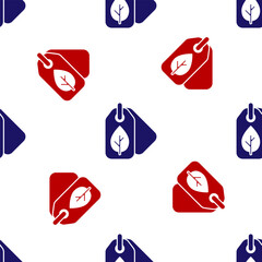 Blue and red Tag with leaf symbol icon isolated seamless pattern on white background. Banner, label, tag, logo, sticker for eco green. Vector