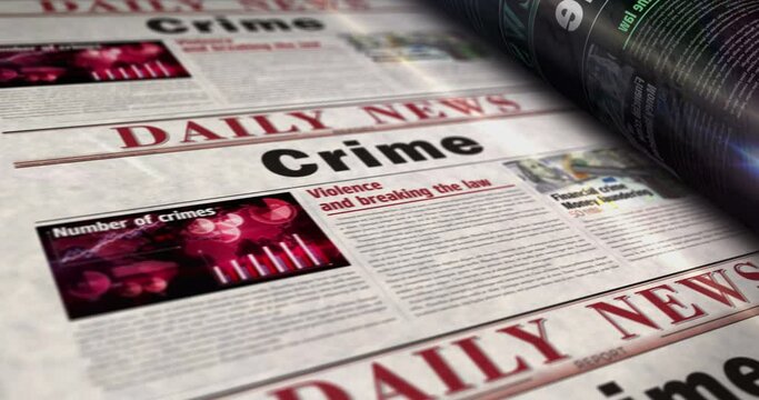 Crime investigation forensic and justice daily news newspaper roll printing. Abstract concept retro headlines 3d seamless looped.