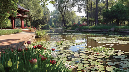 Fototapeta premium A small lake has lots of flowers along the walk,Generative AI