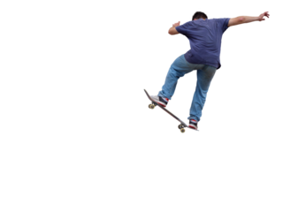 un skateur vu de dos en pleine acrobatie, tenue décontractée t-shirt et jean, action dynamique en extérieur, saison estivale