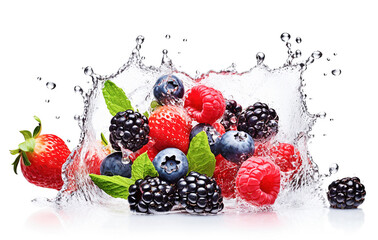 AI generative.  Fresh berries with water splash on white