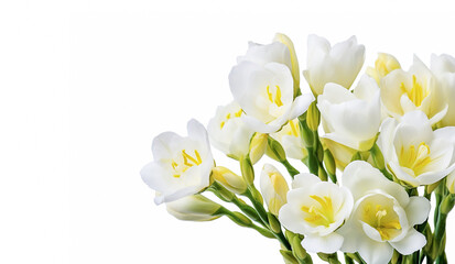 Fototapeta na wymiar AI generative. Freesia flowers on white