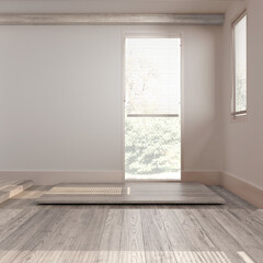 Bleached wooden empty room interior design, open space with parquet floor, window with venetian blinds, white walls, modern contemporary architecture concept idea