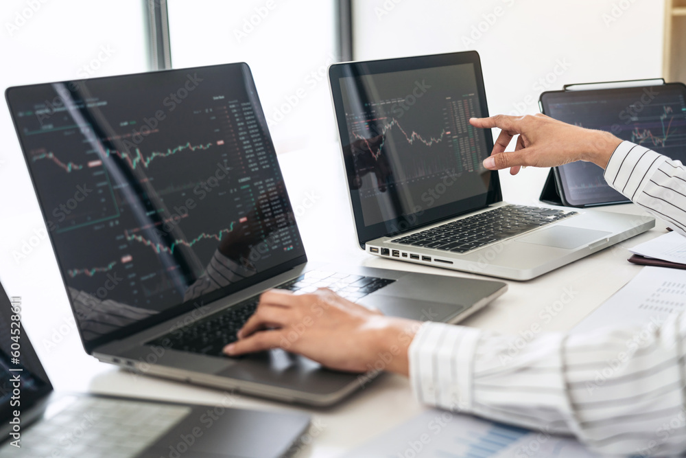 Poster Business woman trader is pointing statistics graph and checking